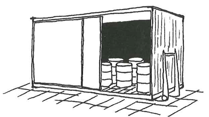 Container med opsamlingsbeholder under en stabil rist.