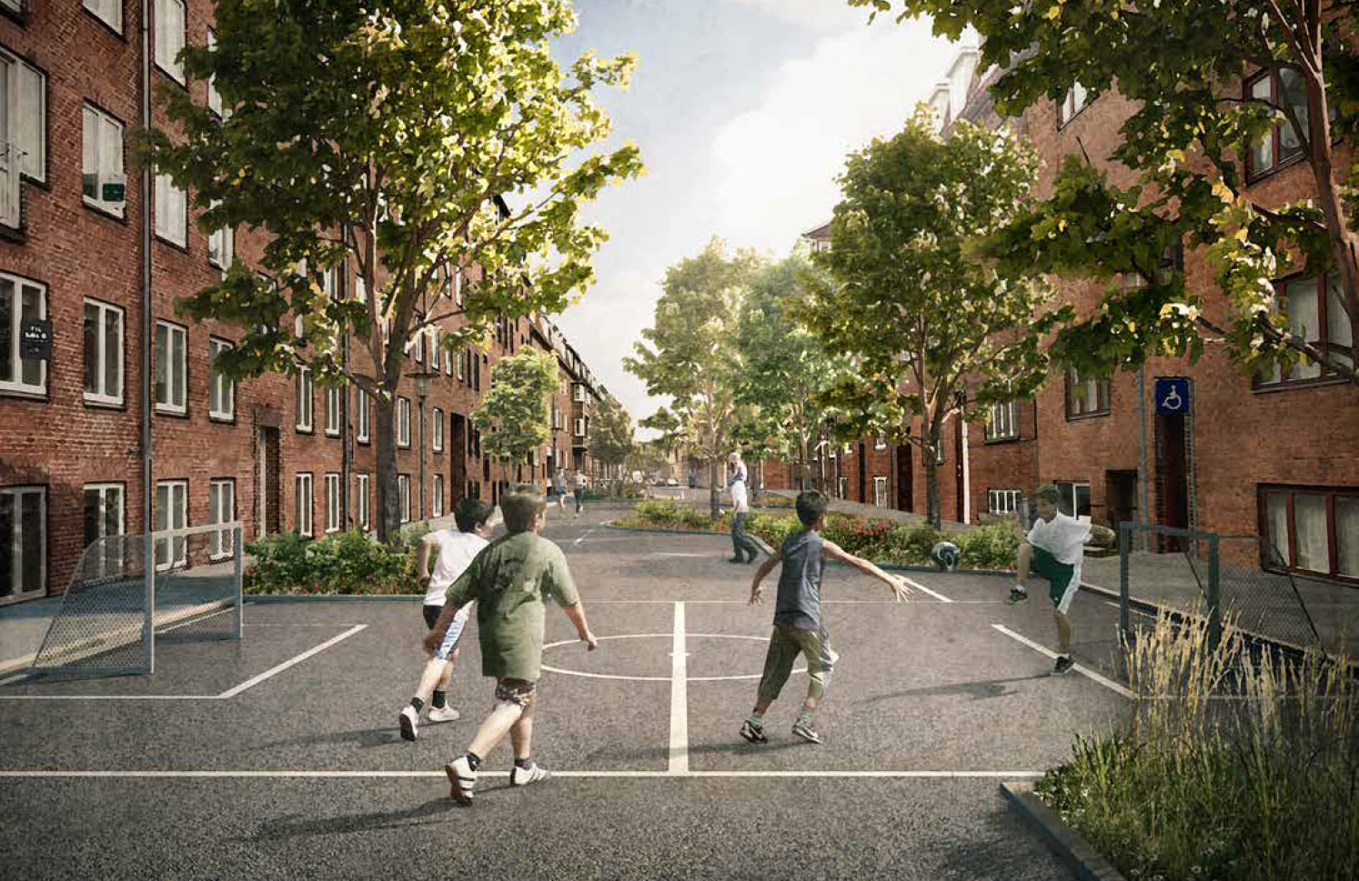 Visualisering af potentiale ved at omdanne gade i Vestbyen fra at være domineret af bilparkering, til et klimasikret rekreativt byrum. Illustration: Jaja Architects.