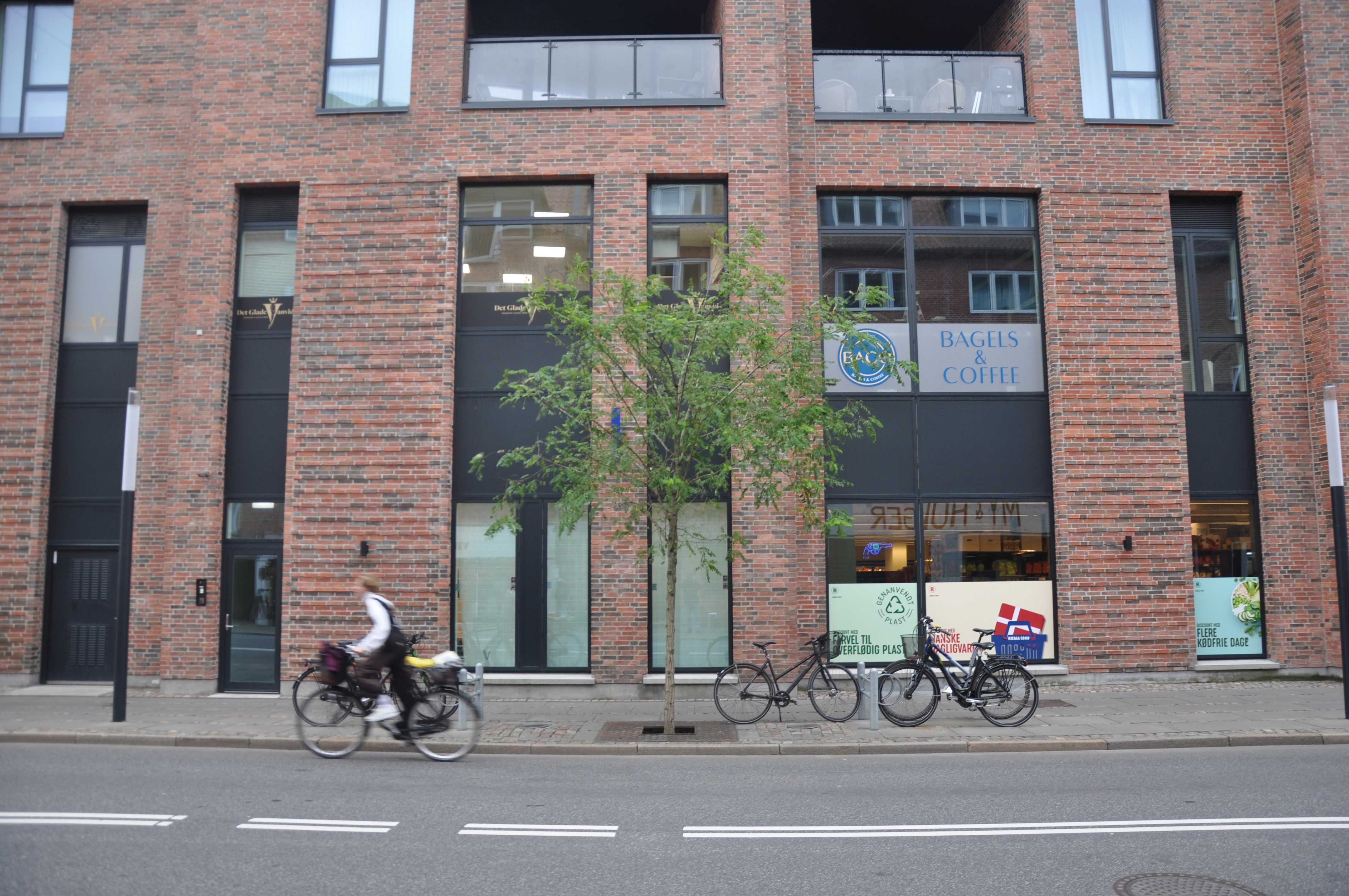 Vingårdsgade med cykelparkering og beplantning.