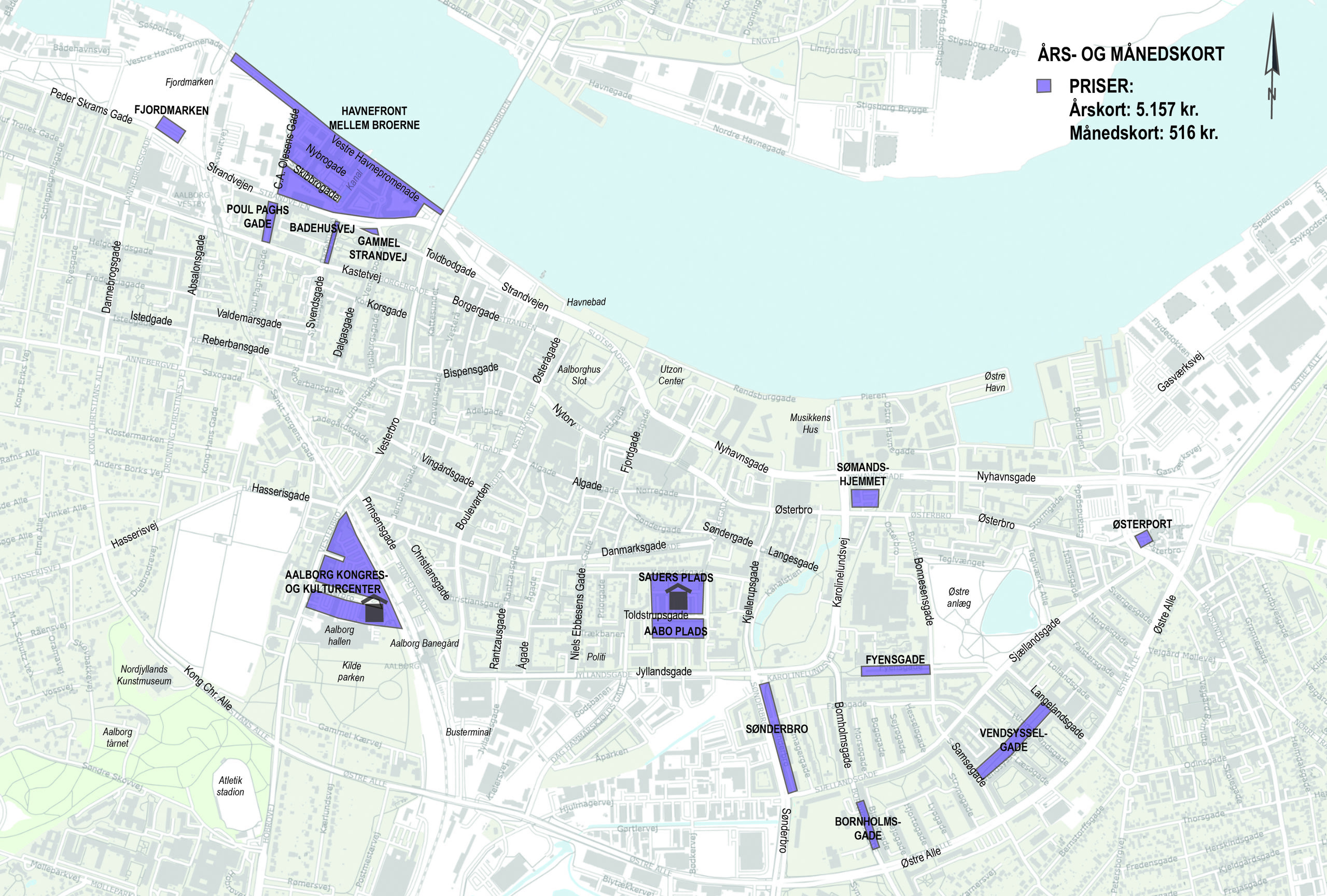 Kort over pladser hvor du kan parkere med års- eller månedskort.
