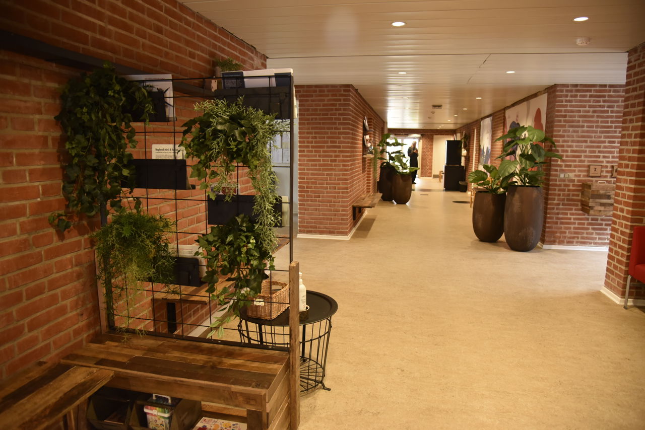 Gang med planter og røde murstensvægge