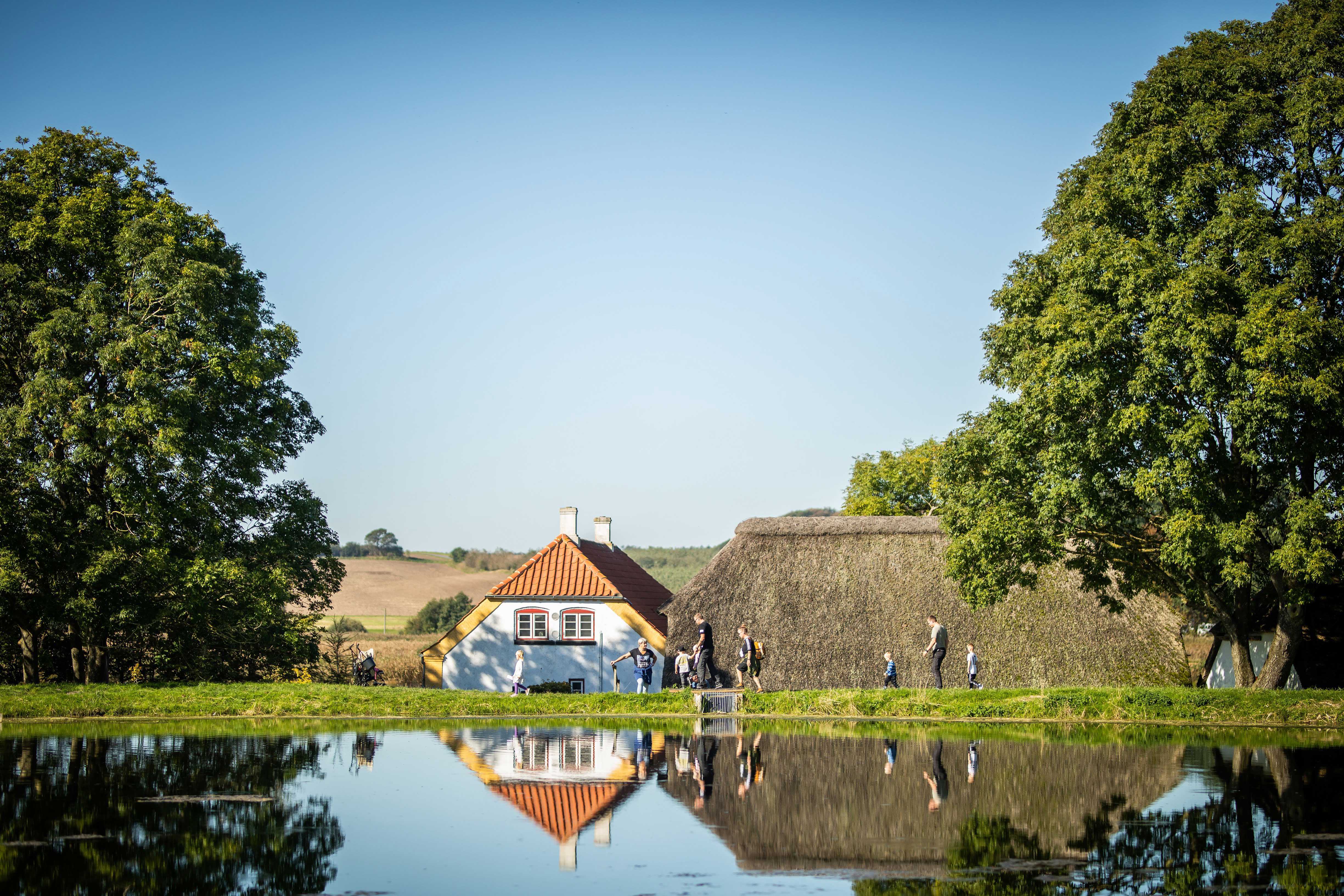 Halkær Mølle, der spejler sig i møllesøen