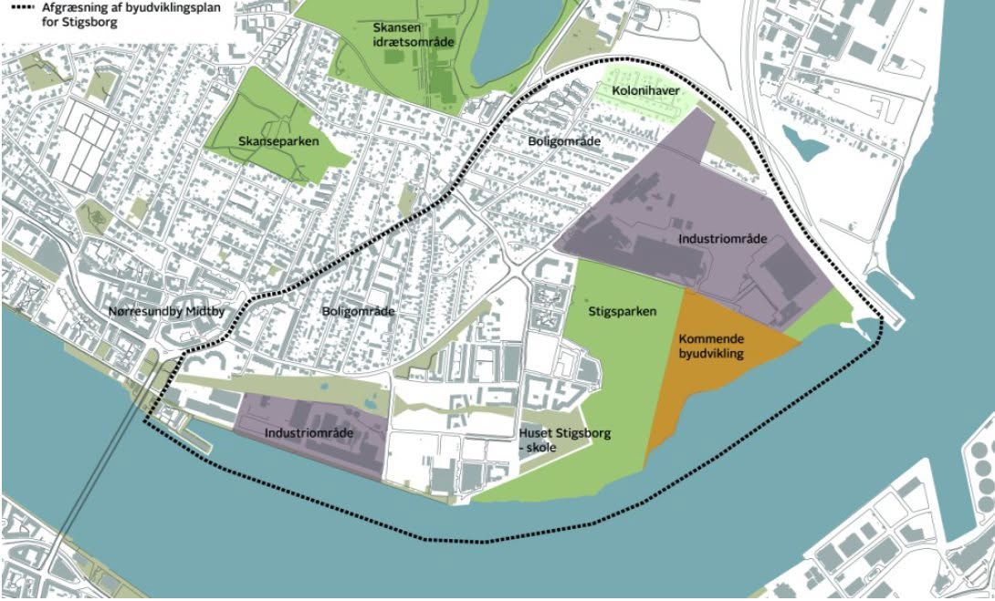 Illustration der viser den geografiske afgrænsningen for byudviklingsplan for Stigsborg