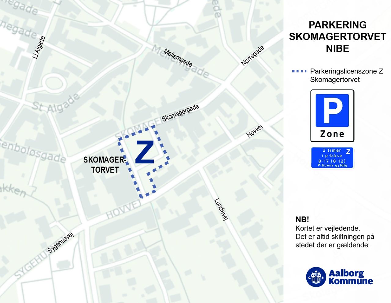Oversigtskort over parkeringslicenszone på Skomagertorvet i Nibe