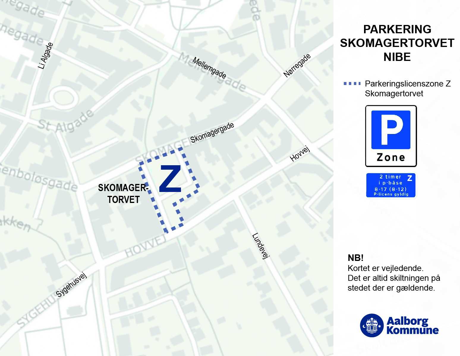 Oversigtskort over parkeringslicenszone på Skomagertorvet i Nibe