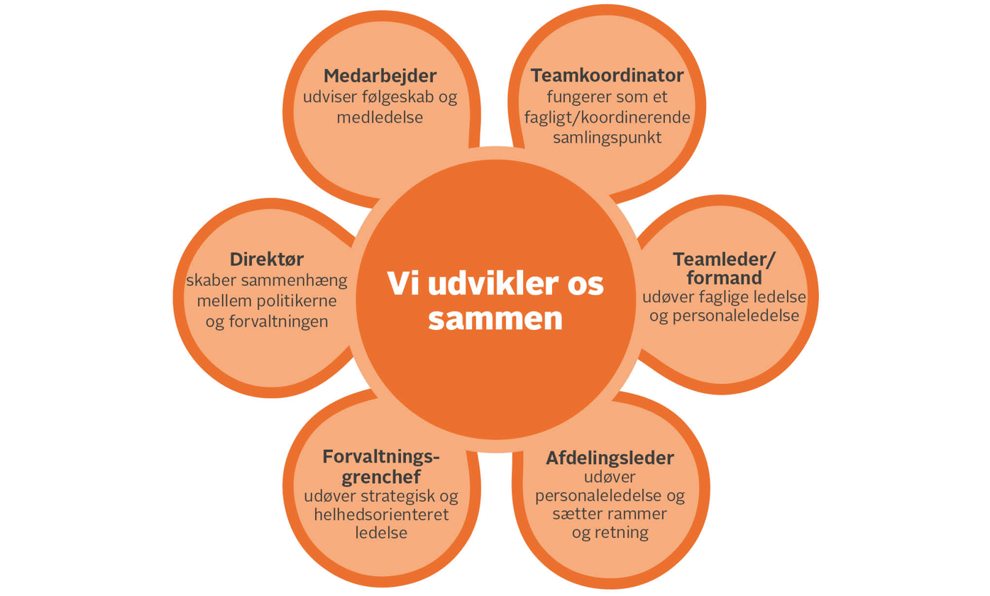 Model der viser profilbeskrivelser for henholdsvis medarbejdere, teamkoordinatorer, direktør, teamledere, forvaltningsgrenschefer og afdelingsledere