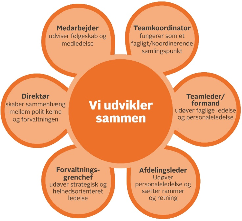 Model der viser profilbeskrivelser for henholdsvis medarbejdere, teamkoordinatorer, direktør, teamledere, forvaltningsgrenschefer og afdelingsledere