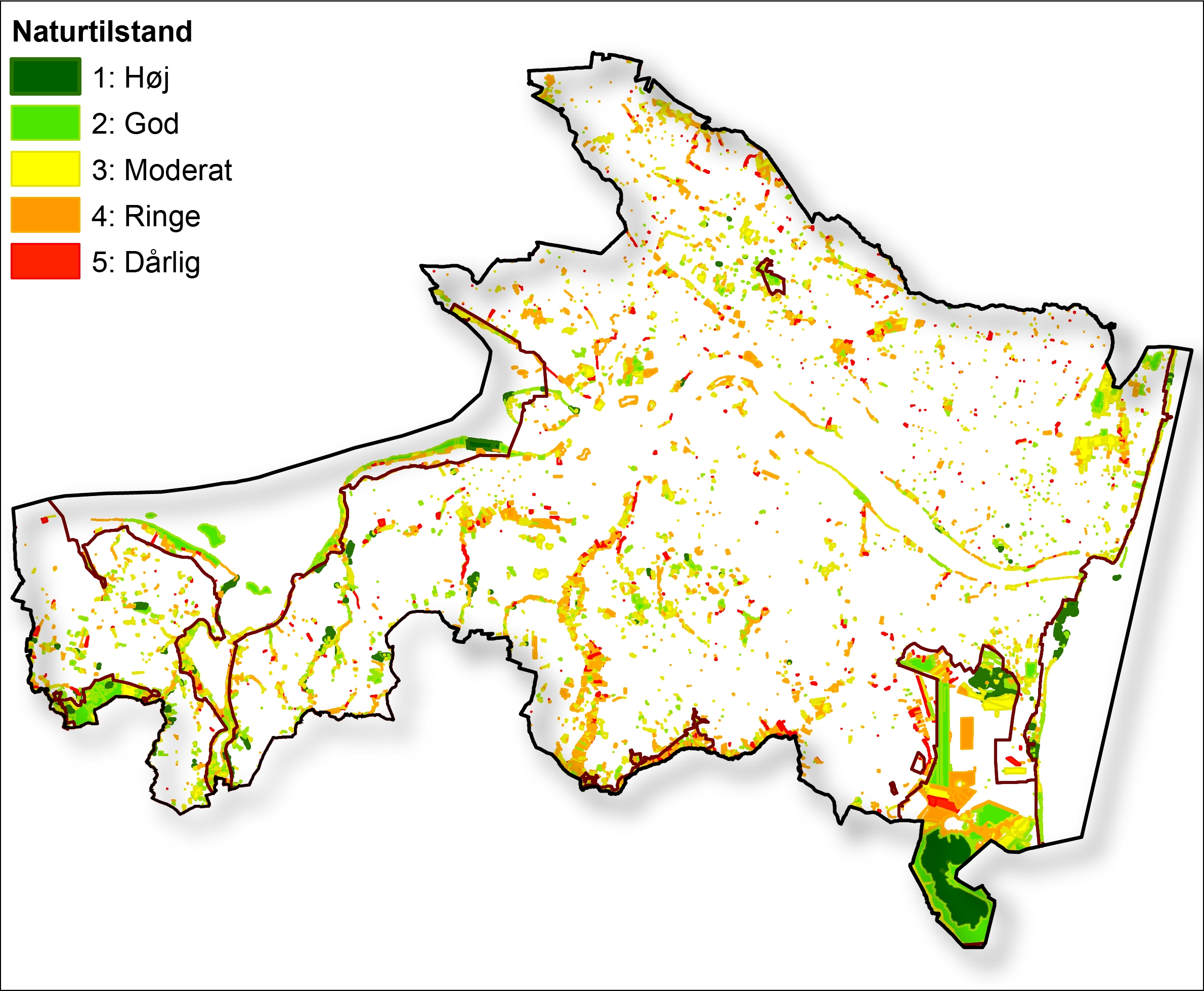 Kort over beliggenhed og kvalitet af beskyttede naturarealer.