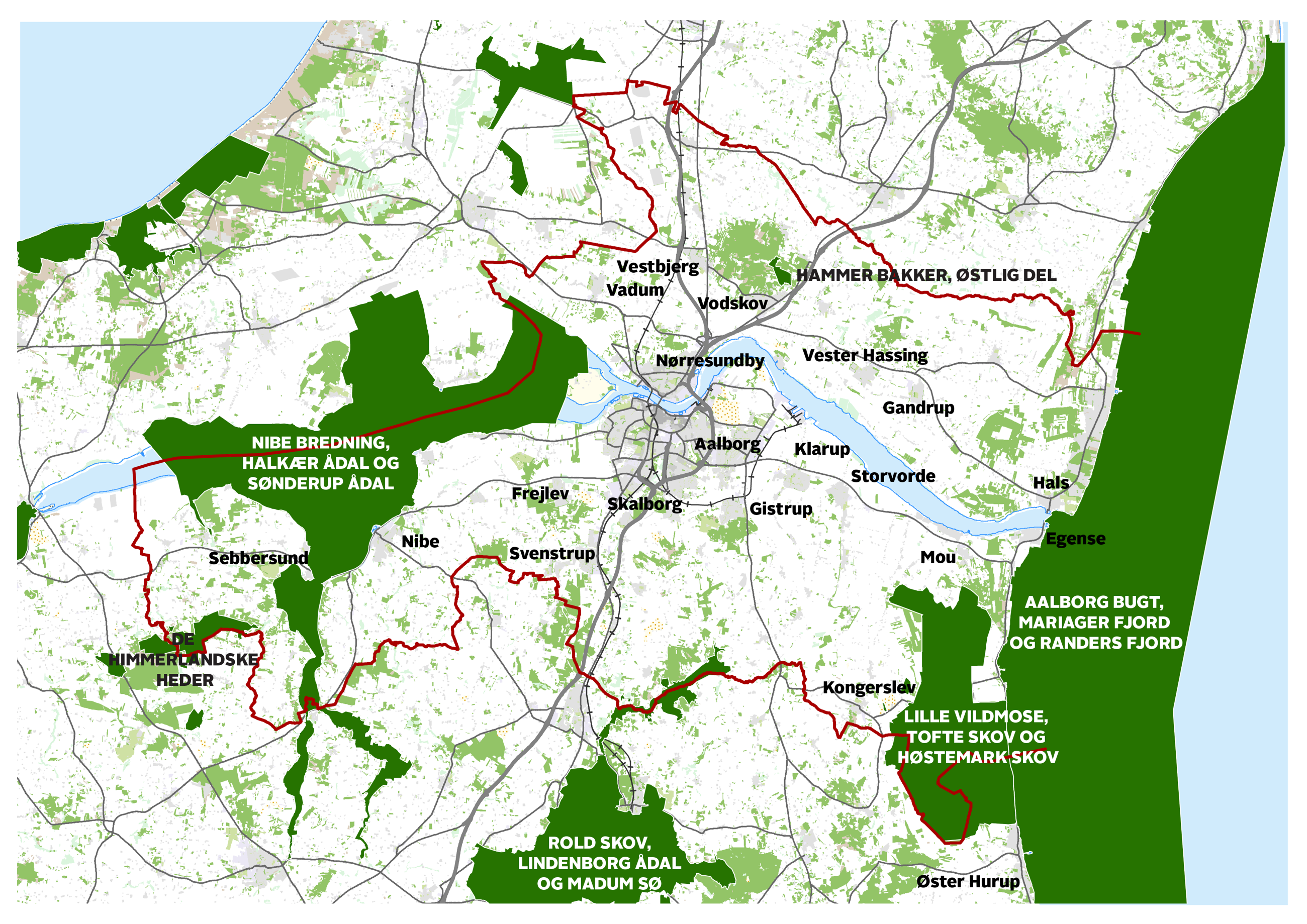 Kort der viser placering af natura 2000-områder i Aalborg Kommune.