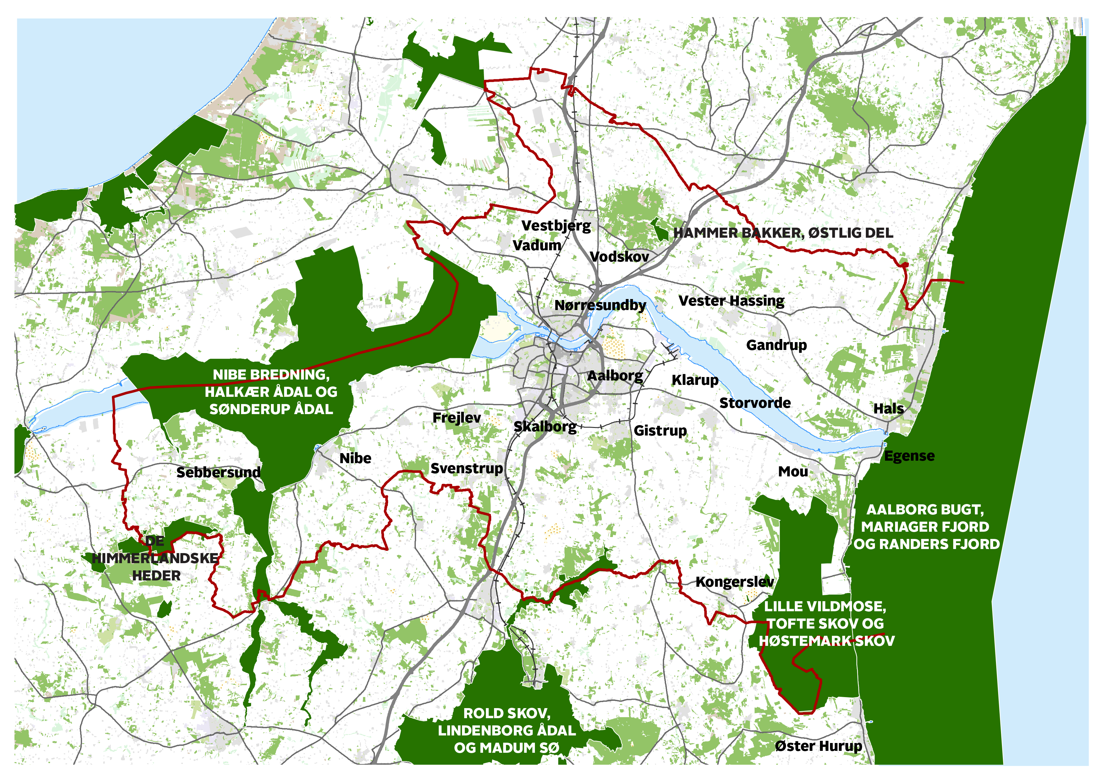 Kort der viser placering af natura 2000-områder i Aalborg Kommune.