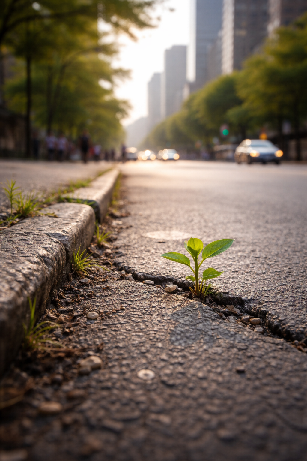Grøn plante, der spirer op af asfalten.