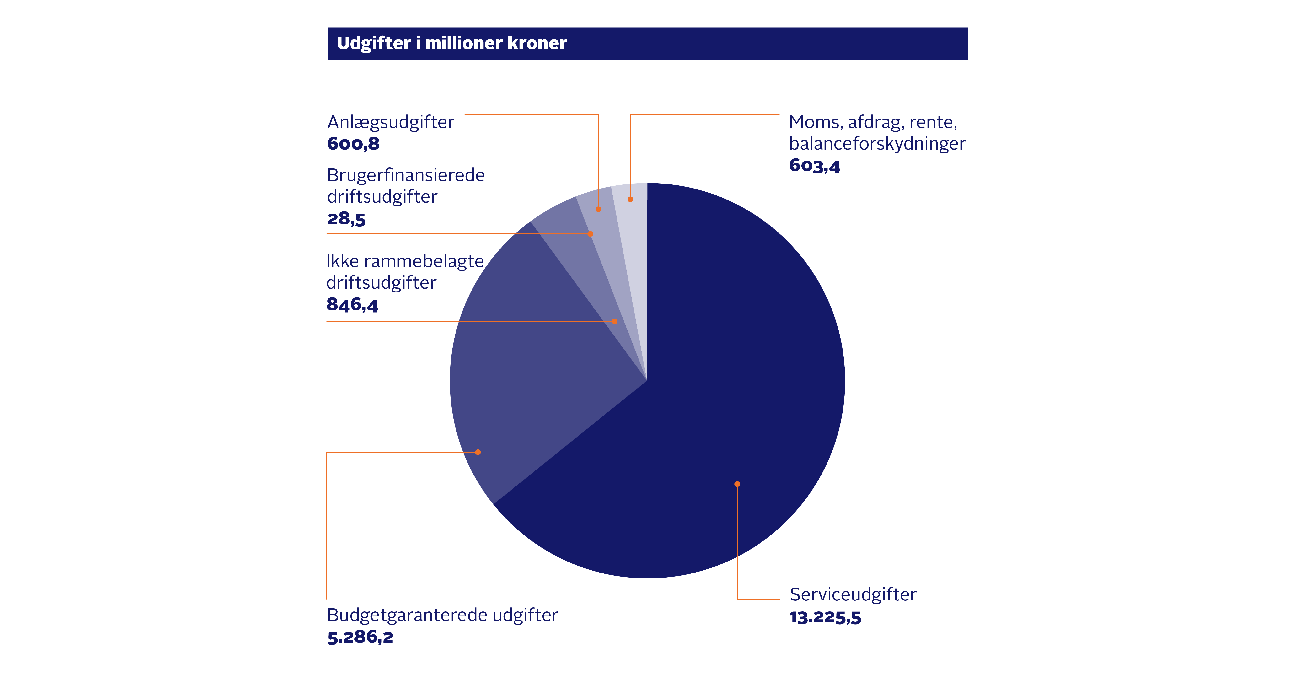 Udgifter i mio. kroner: Serviceudgifter: 13.225,5. Budgetgaranterede udgifter: 5.286,2. Ikke rammebelagte driftsudgifter: 846,4. Brugerfinansierede driftsudgifter: 28,5. Anlægsudgifter: 600,8. Moms, afdrag, rente, balanceforskydninger: 603,4  · I alt: 20.590,8