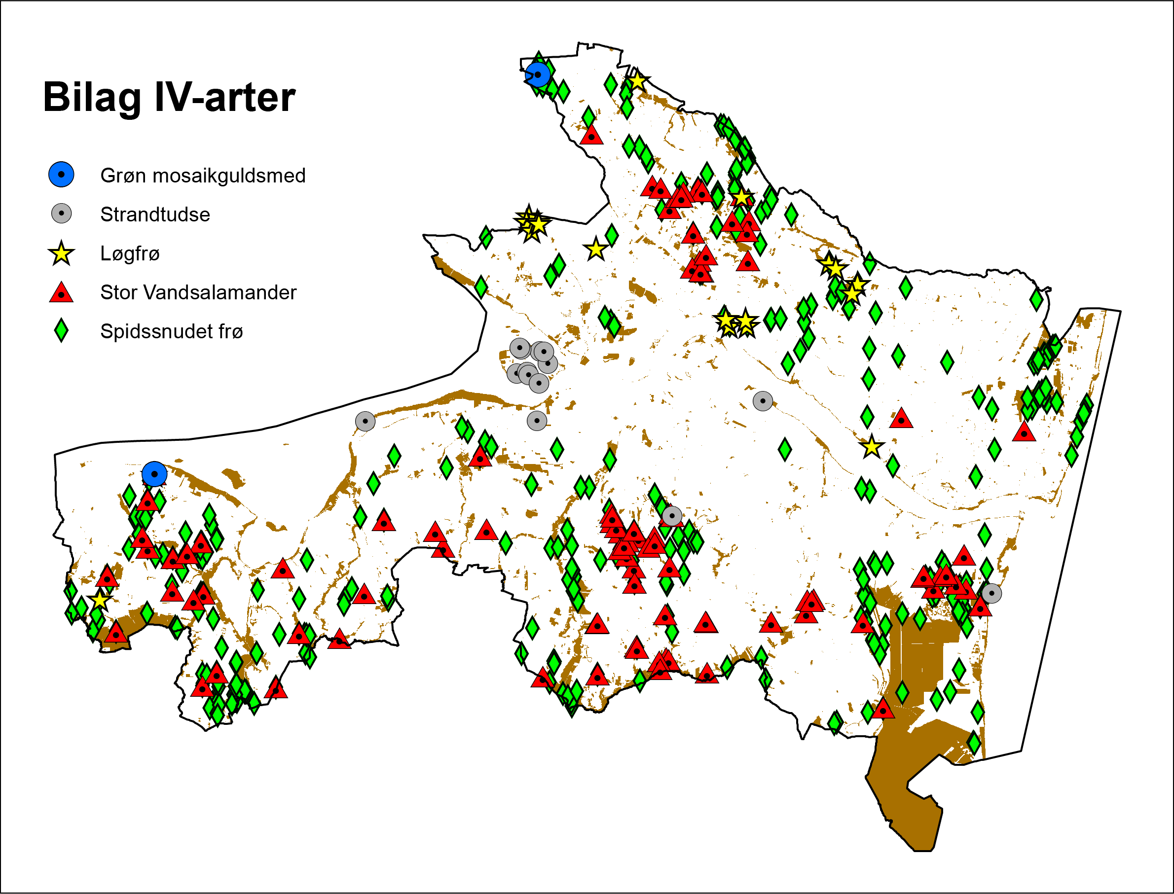 Kort over registrering af bilag IV arter.